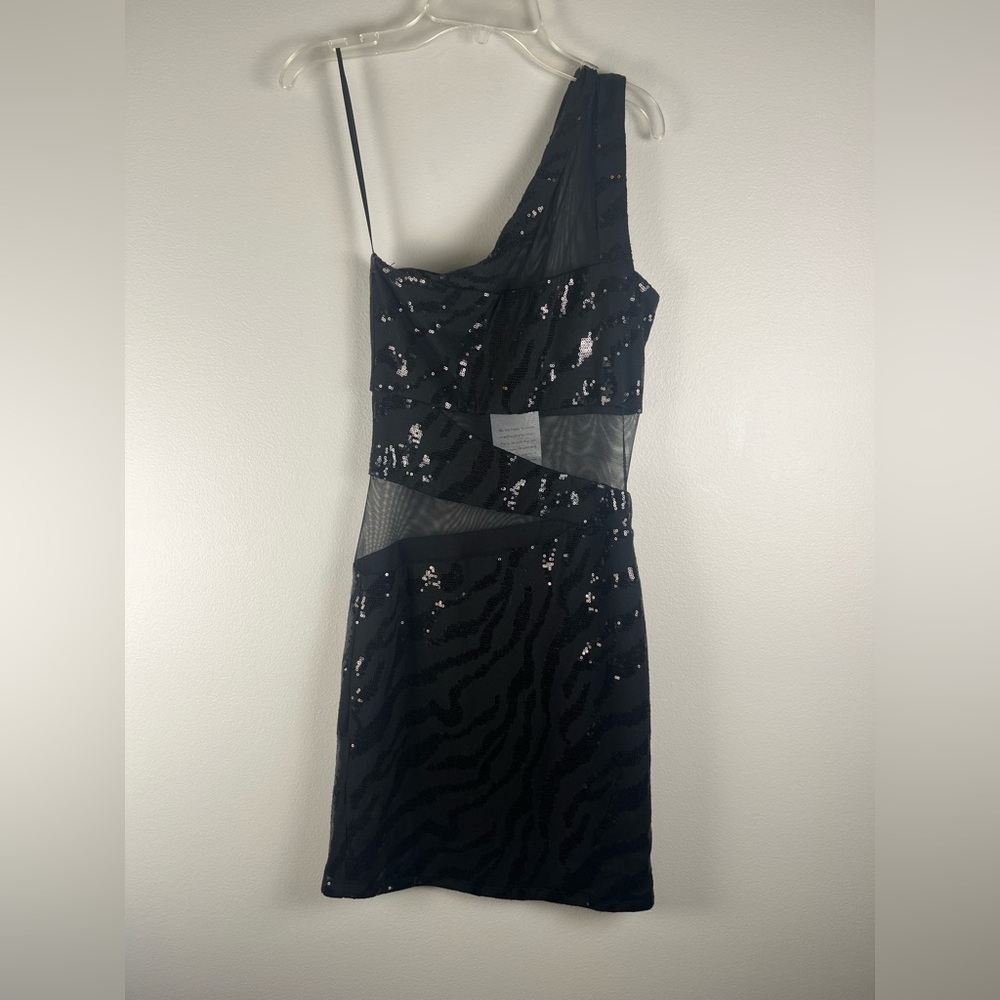 ARDEN B Dress Black Sequins Sheer Panel Sheath One Shoulder Size XS NWT